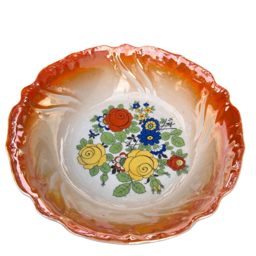 A.W. Bavaria Orange Lusterware Floral Bowl Scalloped Vintage Cottagecore 9"